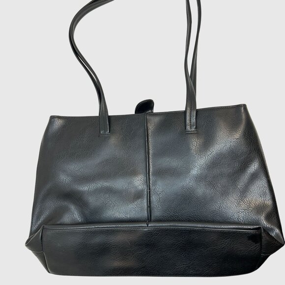 Crazy Horse Black Faux Leather Tote Bag With Double Straps & Zipper Closure - Picture 4 of 11